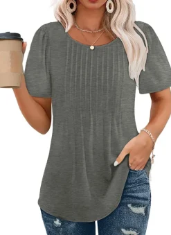 Short Sleeve Pleated Crew Neck Top
