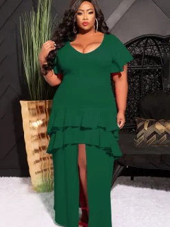 Short Sleeve Ruffle Layer Maxi Dress