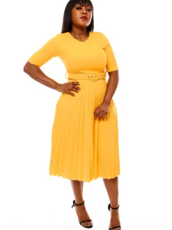 Short Sleeve Solid Color Pleated Midi Dress with Belt