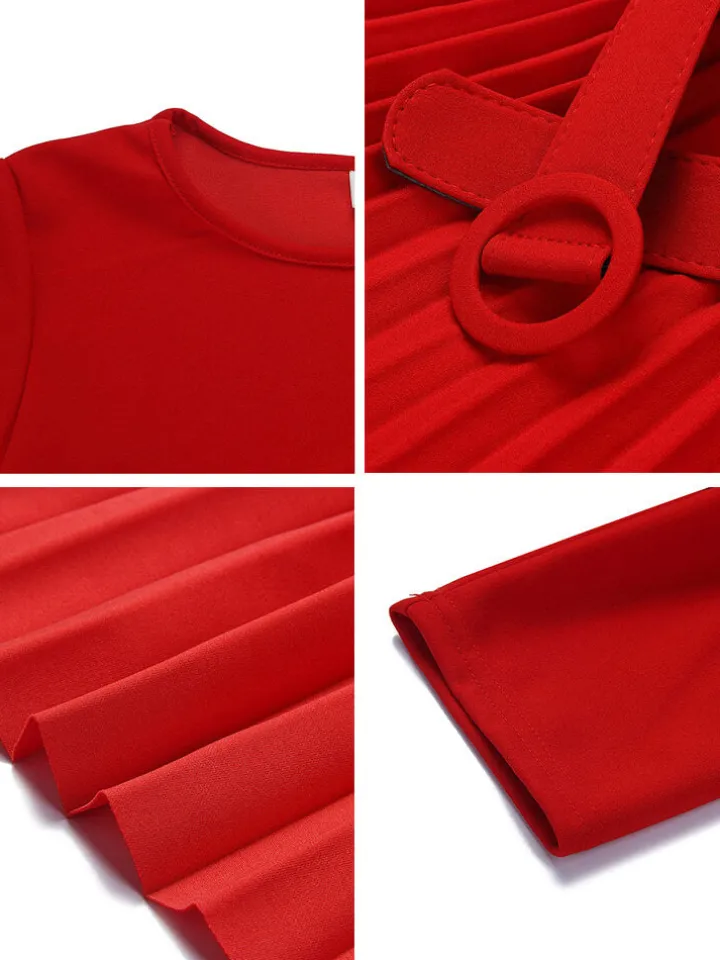 Short Sleeve Solid Color Pleated Midi Dress with Belt