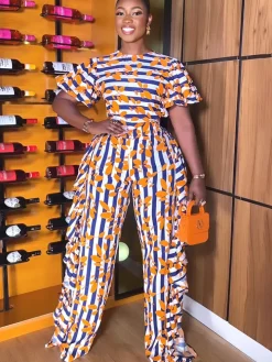 Short Sleeve Striped Print Ruffle Jumpsuit