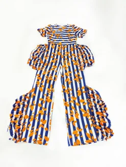 Short Sleeve Striped Print Ruffle Jumpsuit