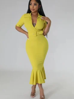 Short Sleeve V Neck Bodycon Midi Dress