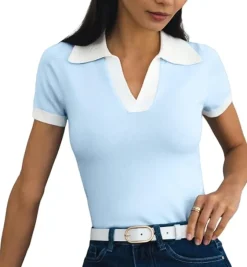 Short Sleeve V Neck Collared Colorblock Top