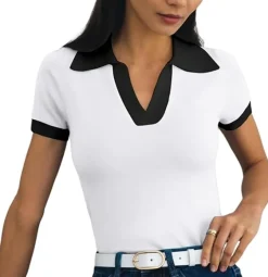 Short Sleeve V Neck Collared Colorblock Top