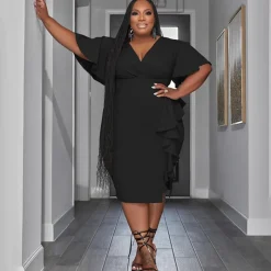 Short Sleeve V Neck Ruffle Midi Dress