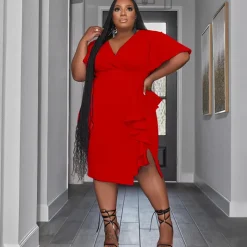 Short Sleeve V Neck Ruffle Midi Dress