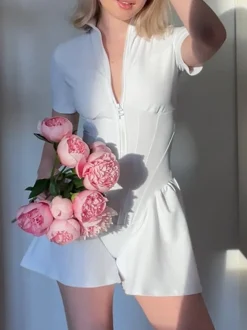 Short Sleeve Zip Front Rompers