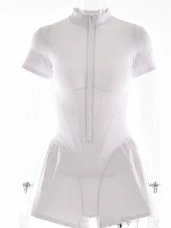 Short Sleeve Zip Front Rompers