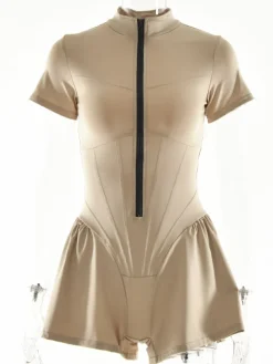 Short Sleeve Zip Front Rompers