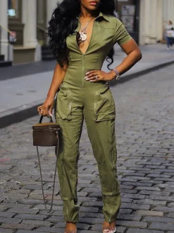 Short Sleeve Zipper Pocket Wide Leg Jumpsuit
