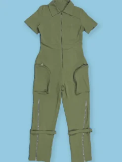 Short Sleeve Zipper Pocket Wide Leg Jumpsuit