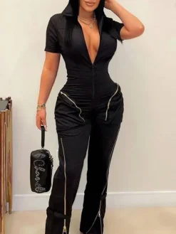 Short Sleeve Zipper Pocket Wide Leg Jumpsuit
