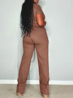 Short Sleeve Zipper Pocket Wide Leg Jumpsuit
