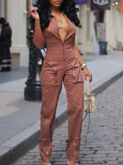 Short Sleeve Zipper Pocket Wide Leg Jumpsuit