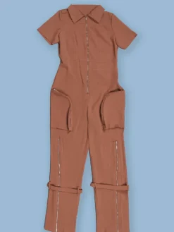 Short Sleeve Zipper Pocket Wide Leg Jumpsuit