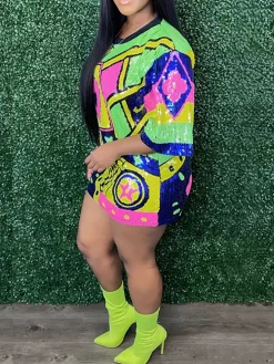 Short Sleeves Sequins Mini Dress