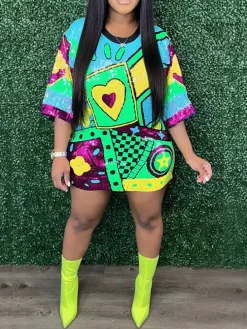 Short Sleeves Sequins Mini Dress