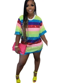 Short Sleeves Sequins Mini Dress