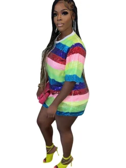 Short Sleeves Sequins Mini Dress