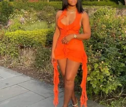 Sleeveless Backless Tassel Ruched Ruffle Mini Dress