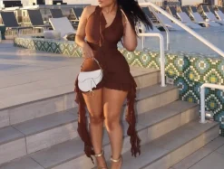 Sleeveless Backless Tassel Ruched Ruffle Mini Dress