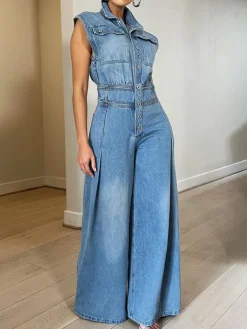 Sleeveless Button Denim Wide Leg Jumpsuit