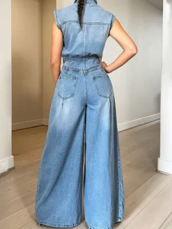 Sleeveless Button Denim Wide Leg Jumpsuit