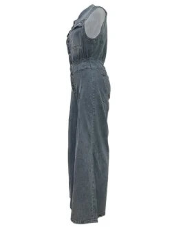 Sleeveless Button Denim Wide Leg Jumpsuit