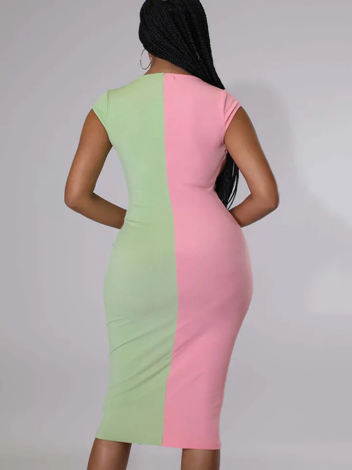 Sleeveless Color Block Bodycon Midi Dress