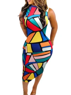 Sleeveless Color Block Bodycon Midi Dress