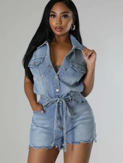Sleeveless Denim Ripped Hem Short Jumpsuit