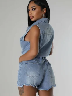 Sleeveless Denim Ripped Hem Short Jumpsuit