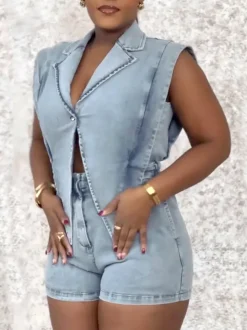 Sleeveless Elastic Waist Denim Romper