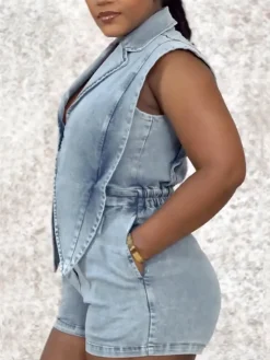 Sleeveless Elastic Waist Denim Romper