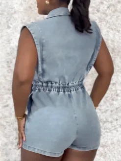 Sleeveless Elastic Waist Denim Romper