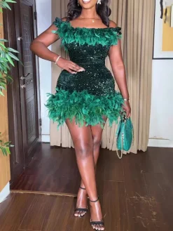Sleeveless Feathers Sequin Party Mini Dress