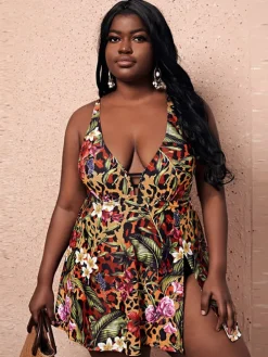 Sleeveless Leopard Print Split Bodycon Swimsuit