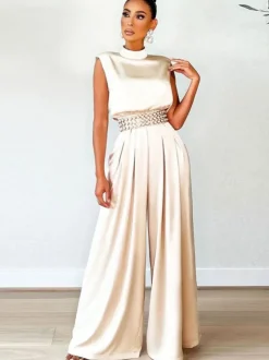 Sleeveless Mock Neck Wide-Leg Jumpsuit
