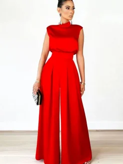 Sleeveless Mock Neck Wide-Leg Jumpsuit