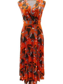 Sleeveless Printed Pleated Bodycon Maxi Dress