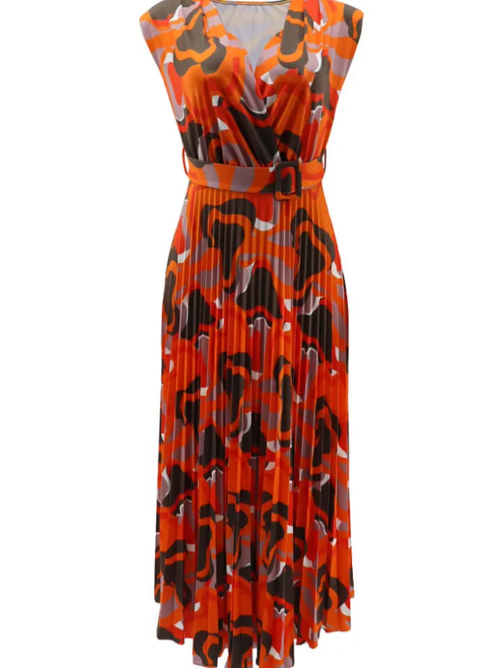 Sleeveless Printed Pleated Bodycon Maxi Dress
