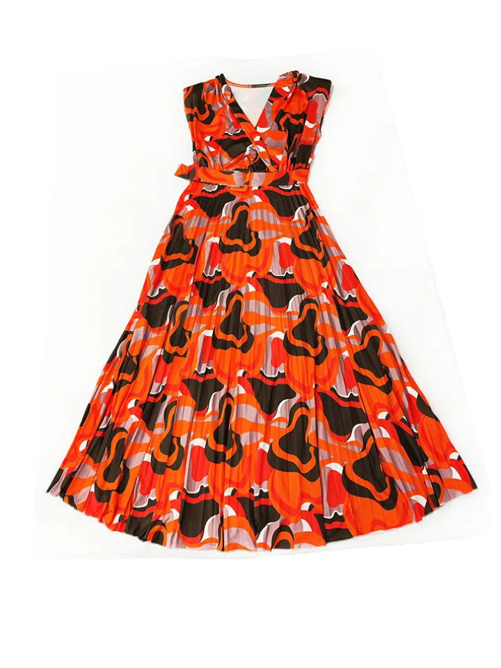 Sleeveless Printed Pleated Bodycon Maxi Dress