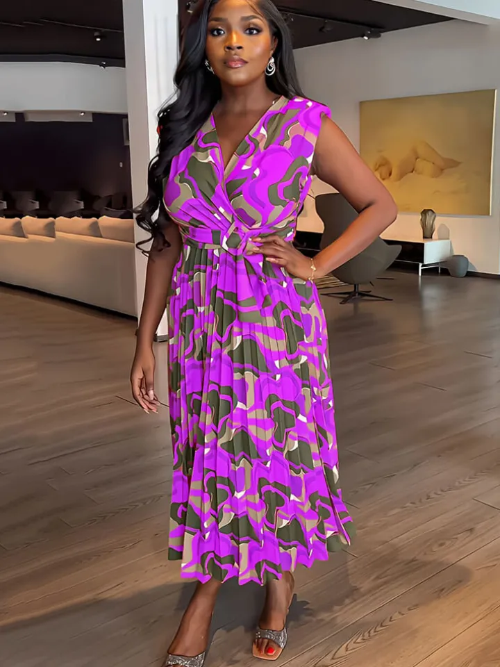 Sleeveless Printed Pleated Bodycon Maxi Dress