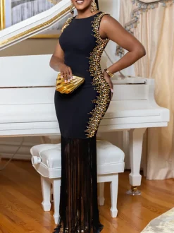 Sleeveless Rhinestone Fringe Hem Maxi Dress