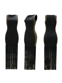 Sleeveless Rhinestone Fringe Hem Maxi Dress