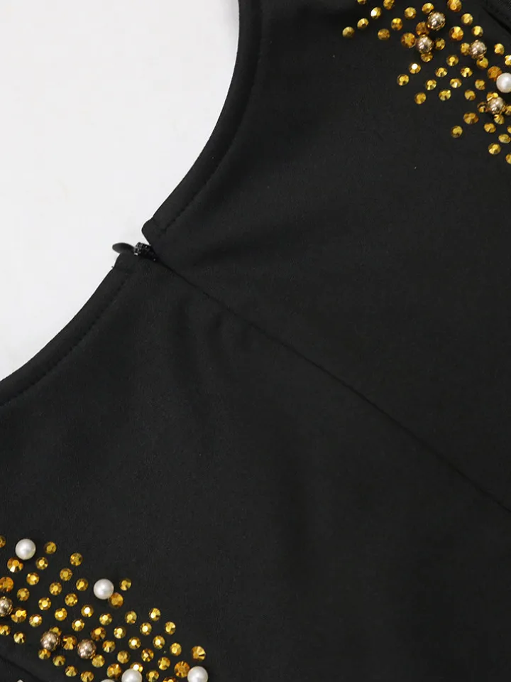 Sleeveless Rhinestone Fringe Hem Maxi Dress