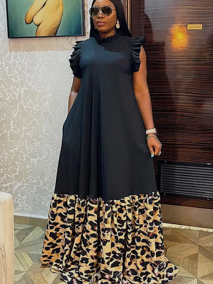 Sleeveless Ruffle Leopard Patchwork Maxi Dress