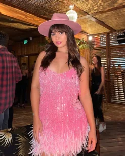 Sleeveless Tassels Sequins Feather Hem Mini Dress