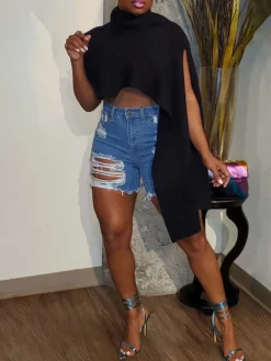 Sleeveless Turtleneck Asymmetrical Sweater